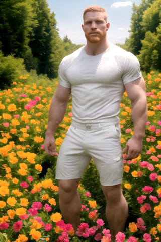 my favorite image of a handsome male miner near flowers, symmetry is excellent, highres image scan,  centrefold, professional  smooth clear clean image, no crop, exceptional well-generated symmetric perfect masculine (lantzer) male miner person, pale ginger short hair, undercut, softglow effect, matte, realistic,photorealistic,Masterpiece