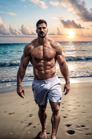 (best quality, high quality):1.4, photo of a handsome very short male hair mustache  hunk wearing male baseball_player  outfit walking at the beach, 25 year old, very thick crooked nose, small pale thin male lips, very long cleft chin, tall, 3d,  ultra short male hair buzzed at sides, very masculine realistic walking movement, masculine male clothes only, tropical beach, sunset, ,man