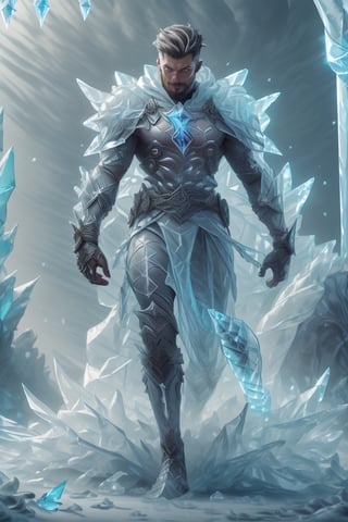 (high quality, best quality)1.3, 3d , 3d render, head and full body picture of a  frostpunk handsome male 1man wearing male ic34rmor holding a holographic long sword (fighting frost race monsters:1.3), ((realistic combat dynamic pose)), dynamic view, realistic hand hold weapon movement, very well drawn male face, very symmetric male head, intricate detailed eyes, very short male hair, very intricate vivid glacial frostpunk battlefield landscape background:1.3, prismatic reflections and glacial refractions, surprising, interesting, frostpunk combat action movie style, very cold day, outdoors, pale weak sun,  ultra detailed, (full height, character focus), very dynamic high action scene composition masterpiece, cg, cgi, absurdres, ultra high res, intricate, utopia, new, newest, original, epic creative,  ,60fps, capcom, wind trail, snowing, frostracetech