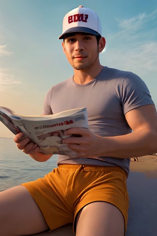 pretty handsome hairy asian muscular daddy in beach shorts reading magazine in miami beach, golden hour, masterpiece, high quality, realistic style, generate baseballcap on, photorealistic:1.3, highres, incredibly abusrdres, iphone photo, twitter celebrity, handsome, real life, real life