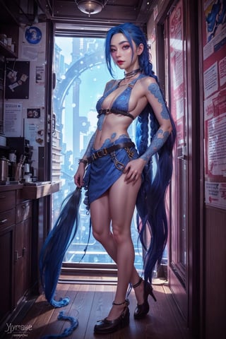 (best quality, masterpiece, colorful, dynamic angle, highest detailed)(Jinx, Legue of Legends, Arcane) upper body professional photo, big_boobs, intense blue long hair, Jinx, Arcane, flirting, bokeh, (intricate details, hyperdetailed:1.15), sunlight passing through hair, full-body_portrait ,JinxLol,1 girl, under_boob,yuzu