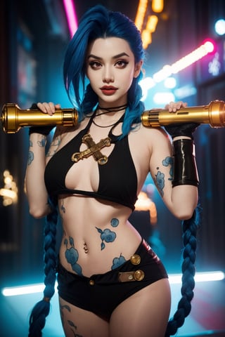 Holding_gun, (best quality, masterpiece, colorful, dynamic angle, highest detailed)(Jinx, Legue of Legends, Arcane), big_boobs, intense blue long hair, Jinx, Arcane, flirting, bokeh, (intricate details, hyperdetailed:1.15), full-body_portrait ,JinxLol,underboob tattoo,ase_sese