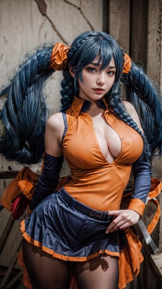 Masterpiece, best quality, absurdres, 1girl, standing, cowboy shot, contrapposto, acebw, Orange vest, long sleeves, blue skirt, long hair, blue hair, twin braid, pantyhose, big boob, sexy body, more_than_one_pose, 4k, high_res