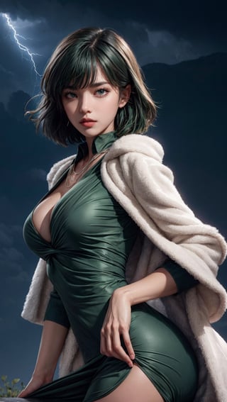 {{{masterpiece}}}, {{{best quality}}}, {{{ultra-detailed}}}, {cinematic lighting}, {illustration}, 1girl, Fubuki, short hair, green hair, green shine, taut green dress, big necklace, sexy ass, sexy breasts, cleavage, pretty face, pretty eyes, white coat outside,3DMM, lightning, bad weather background