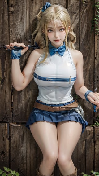 1girl ,{lucy heartfilia},{perfect face},{beautiful detailed eyes} {wearing a white sleeveless tshirt },{blue skirt} {good angle from above}, {large breast} , blue bow hairpin, {an attractive and voluptuous physique} ,(long side ponytail hair),(blonde hair) happy expression with a beauty face  ,{{masterpiece}} ,{{best quality}},   brown belt ,boots,Cursed energy, yellow energy around body