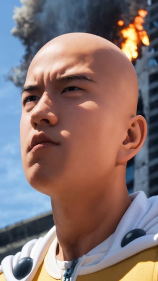 saitama, anime, one punch, 1boy, bald, upper body, close up, looking at viewer, city burning, white cape, destruction, ruins, fire, (serious face:1.2)