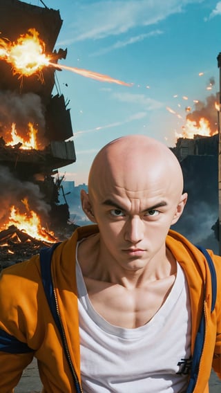 saitama, goku shirt, one punch man, 1boy, (bald:1.5), upper body, realistic, looking at viewer, city burning, white cape, destruction, ruins, fire, (stupid face:1.2), handsome asian male, orange pant, blue boot
