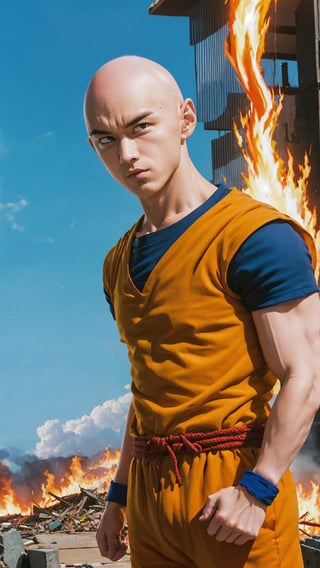 saitama, goku shirt, one punch man, 1boy, (bald:1.5), upper body, realistic, looking at viewer, city burning, white cape, destruction, ruins, fire, (stupid face:1.2), handsome asian male, orange pant, blue boot