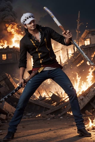 Traffagar d law, one piece,
, ((masterpiece, best quality)),(complex light),absurdres, highres, 1boy,solo,fighting stance,white hat with black dot,black eyes,blue fire destroyed debris background,smirk,Fedev3,1boy ,Law,holding a sword,sexypirate,Earrings ,Germany Male