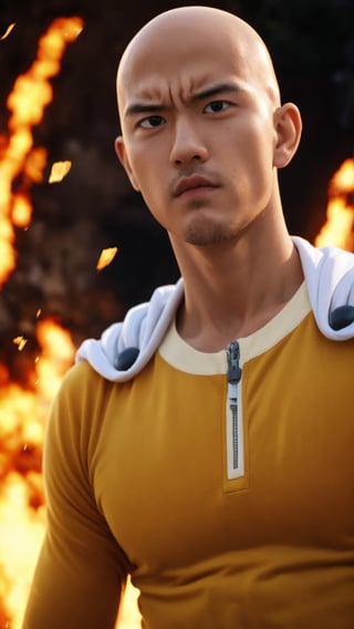 saitama, anime, one punch, 1boy, bald, upper body, close up, looking at viewer, city burning, white cape, destruction, ruins, fire, (serious face:1.2), handsome asian male