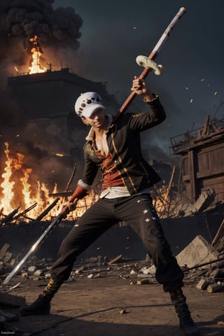 Traffagar d law, one piece,
, ((masterpiece, best quality)),(complex light),absurdres, highres, 1boy,solo,fighting stance,white hat with black dot,black eyes,blue fire destroyed debris background,smirk,Fedev3,1boy ,Law,holding a sword,sexypirate,Earrings ,Germany Male