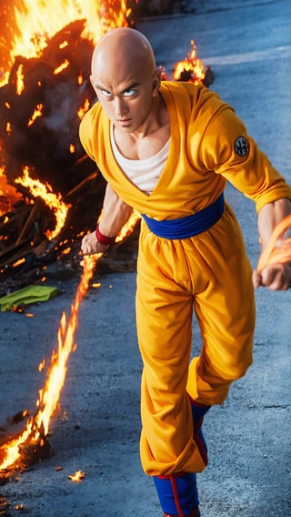 saitama, goku shirt, one punch man, 1boy, bald, (full body:1.2), close up, looking at viewer, city burning, white cape, destruction, ruins, fire, (stupid face:1.2), handsome asian male, orange pant, black boot