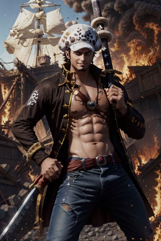 Traffagar d law, one piece,
, ((masterpiece, best quality)),(complex light),absurdres, highres, 1boy,solo,fighting stance,white hat with black dot,black eyes,blue fire destroyed debris background,smirk,Fedev3,1boy ,Law,holding a sword,sexypirate,Earrings 