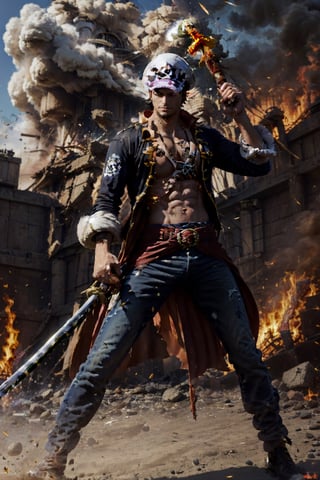 Traffagar d law, one piece,
, ((masterpiece, best quality)),(complex light),absurdres, highres, 1boy,solo,fighting stance,white hat with black dot,black eyes,blue fire destroyed debris background,smirk,Fedev3,1boy ,Law,holding a sword,sexypirate