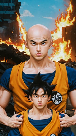 saitama, goku shirt, one punch man, 1boy, (bald:1.5), upper body, realistic, looking at viewer, city burning, white cape, destruction, ruins, fire, (stupid face:1.2), handsome asian male, orange pant, blue boot