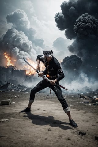 Traffagar d law, one piece,
, ((masterpiece, best quality)),(complex light),absurdres, highres, 1boy,solo,fighting stance,white hat with black dot,black eyes,blue fire destroyed debris background,smirk,Fedev3,1boy ,Law,holding a sword