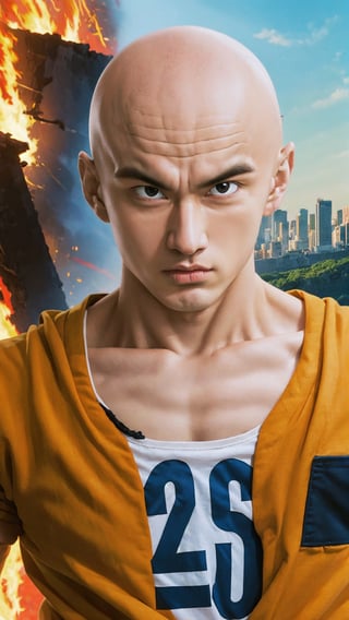 saitama, goku shirt, one punch man, 1boy, (bald:1.5), upper body, realistic, looking at viewer, city burning, white cape, destruction, ruins, fire, (stupid face:1.2), handsome asian male, orange pant, blue boot