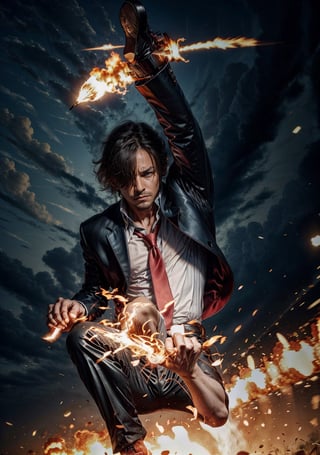 Sanji doing a karate kick and his feet are on fire. He looks serious with cigarrete on his mouth, 4k, best quality, ultra high res, masterpiece, , sanji2, suit, hair_over_one_eye, eyeblow, black shirts, necktie, Burgundy jacket, facial hair, cowboy shot,TakumaKarate