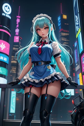 A young Autobot, clad in a knee-length Japanese schoolgirl uniform with frilly apron and knee-high socks, stands confidently amidst a futuristic cityscape. Her cybernetic enhancements - gleaming circuits, glowing blue optics, and metallic limbs - peek through the fabric, hinting at her mechanical nature. The vibrant neon hues of skyscrapers and holographic advertisements create a striking contrast to her soft, feminine features. In the midst of this high-tech chaos, she exudes a sense of calm determination.