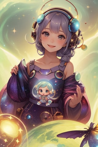  a chibi girl's cosmic adventures! Here's a suggestion for one of the panels in the comic:

Panel Description:

In this panel, our chibi space explorer, with her big, sparkling eyes filled with wonder, is seen floating playfully in the zero-gravity of space. Her attire is a specially designed cosmic suit adorned with whimsical space-themed patterns, making her look even more adorable. She clutches a small, friendly space creature in her arms, resembling a glowing celestial jellyfish with a cute smile.

Surrounding them is a mesmerizing cosmic backdrop, featuring vibrant galaxies, sparkling stars, and colorful nebulae. They float among a field of radiant cosmic dust, giving the scene a magical, ethereal quality.

This panel captures the playful and inquisitive spirit of our chibi space explorer as she forms a delightful connection with the friendly space creature in the vastness of the cosmos.,yaemikodef,Pixel_Art,wrenchfaeflare,nijistyle