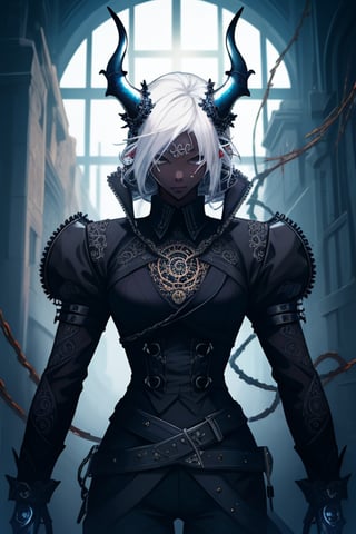 ((Cinematic high quality photo)),mysterious hybrid albino demon little queen, (long intricate horns), a sister clad in gothic punk attire,Mechanical unique being body, ntricate gears,  mesmerizing light, polished metal vines form a fascinating,ct-niji2,dark-skinned female