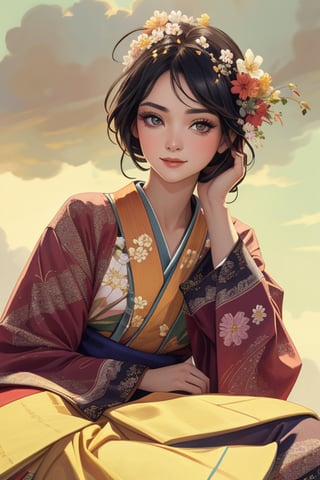 In a beautifully framed shot, a stunning Latina supermodel sits elegantly in Hanfu attire, her pure black hair mixed with vibrant tails cascading down her back. Her dark eyes sparkle as she looks directly at the audience with a gentle light smile. A custom-designed floral embroidery pattern suit adorns her body, radiating perfection. In the background, a subtle fractal art design featuring clouds and colorful accents adds depth to the scene. The subject's facial expression is relaxed yet captivating, showcasing her beauty in sharp focus. The entire image is printed with Disney-Pixar style Chromaspots, ensuring a high-resolution, 16k-quality masterpiece.