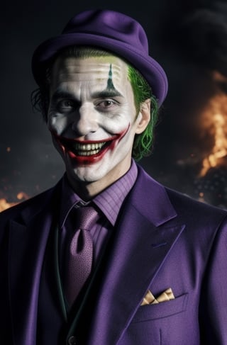 the joker ,  dc_(comics)  ,white flesh , decomposing skin ,zombie human.white skin , open mouth ,fangs, houses on fire background  ), portrait, in a suit, purple coat, long coat, purple  hat on his head,purple trousers,allblacksuit, detailed,bigbyTWAS_soul3142,monster