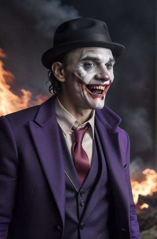 the joker ,  dc_(comics)  ,white flesh , decomposing skin ,zombie human.white skin , open mouth ,fangs, houses on fire background  ), portrait, in a suit, purple coat, long coat, purple  hat on his head,purple trousers,allblacksuit, detailed,bigbyTWAS_soul3142,monster