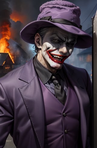 the joker ,  dc_(comics)  ,white flesh , decomposing skin ,zombie human.white skin , open mouth ,fangs, houses on fire background  ), portrait, in a suit, purple coat, long coat, purple  hat on his head,purple trousers,allblacksuit, detailed,bigbyTWAS_soul3142,monster,ded1