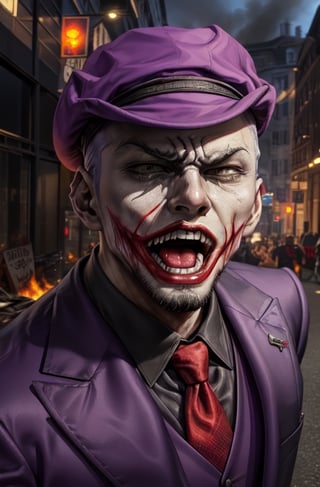 the joker ,  dc_(comics)  ,white flesh , decomposing skin ,zombie human.white skin , open mouth ,fangs, houses on fire background  ), portrait, in a suit, purple coat, long coat, purple  hat on his head,purple trousers,allblacksuit, detailed,bigbyTWAS_soul3142,monster,ded1