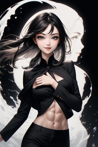 4k,best quality,masterpiece,20yo 1girl,(black suit and pants, alluring smile, head ornaments 

(Beautiful and detailed eyes),
Detailed face, detailed eyes, double eyelids ,thin face, real hands, muscular fit body, semi visible abs, ((short hair with long locks:1.2)), black hair, black background,


real person, color splash style photo,
