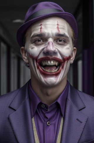 the joker ,  dc_(comics)  ,white flesh , decomposing skin ,zombie human.white skin , open mouth ,fangs, houses on fire background  ), portrait, in a suit, purple coat, long coat, purple  hat on his head,purple trousers,allblacksuit, detailed,bigbyTWAS_soul3142,monster