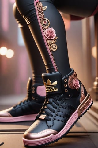 a stunning interpretation of Adidas bloomfield shoe sneaker tribute blackpink girls band, black color and rose gold carved Suede, advertisement, highly detailed and intricate, hypermaximalist, ornate, luxury, cinematic, cgsociety, Miki Asai Macro photography, close-up, hyper detailed, trending on artstation, sharp focus, studio photo, intricate details, highly detailed, by greg rutkowski,steampunk style
