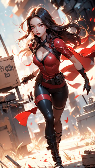 Scarlet Witch strides through the smoke-filled battlefield, her PUBG uniform a stark contrast to the destruction around her.,asian girl,1 girl