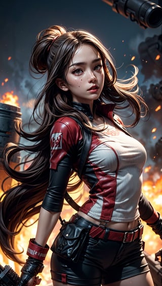 Scarlet Witch strides through the smoke-filled battlefield, her PUBG uniform a stark contrast to the destruction around her.,asian girl,1 girl