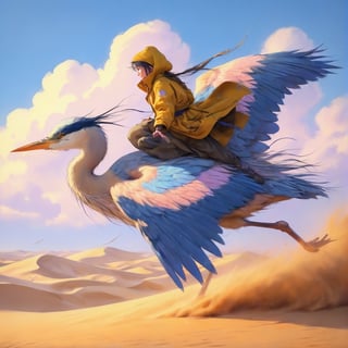 Girl riding on the back of a blue heron, bird looks like blue heron, blue sky desert sands, long shot, cute girl wearing long dusty yellow overcoat with hood, she has long wavey black hair with ringlets and bows, large vista, running, wind blowing, muted pastel multicolors feathers slightly curly, paint splatter, paint splatter, throwing up dust, sand dunes, running in desert sand, kicking up sand, dust, sand plumbs, fluffy white clouds tinged in pinks, oranges and violet, anime impressionist art style, 8k resolution,