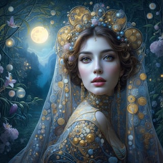high quality, highly detailed, Envision a hyper-realistic portrait inspired by the enchanting style of Gustav Klimt, set in a magical twilight forest. The captivating woman, adorned in flowing robes reminiscent of Klimt's golden period, stands amidst ethereal flora under the soft glow of the moon, Drawing from Klimt's intricate patterns and symbolism, the artist meticulously captures the woman's features, emphasizing the mesmerizing details of her expression, The strands of her hair cascade gracefully, echoing Klimt's ornate and decorative compositions, by yukisakura, high detailed,