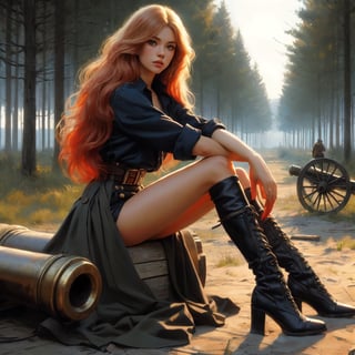 Young woman, solo, long red-blonde hair, skirt, simple background, shirt, blonde hair, high boots, leg upon a brass cannon, forest background, full body, boots, midriff, black high boots, thigh boots, crossed arms, t-shirt, realism art style, Frank Frazetta and Lorenzo Sperlonga art style