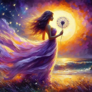 A cute and very beautiful woman in a purple dress with the sun in the background holding on to a star encrusted dandelion husk floating over a violet and orange-yellow sky lofted on the winds of a changing world lost in the sands of time.,photo of perfecteyes eyes,oilpainting