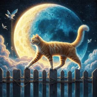 moon kitty walking on a velvet dream, yellow cat walking on a fence
