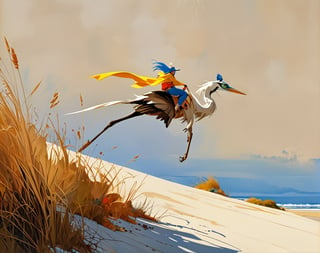 create a main character riding a large tall bird similar to the great blue heron in a beautiful flat desert landscape of a 3d video game vista , riding a giant tall blue heron bird, Jean Giraud,  the main character wears a long yellow tan trench coat with hood and tinted goggles, endless miles of blowing sand dunes, riders in the far distance, blue skies with billowing white clouds pink tinged, blowing boiling swirling wind, blowing leaves of grass, dark yellow and azure, majestic, sweeping seascapes, photorealistic representation, graceful balance, wimmelbilder, Andrew Wyeth, orange, Leaves of Grass, in the art style of Jean Giraud,