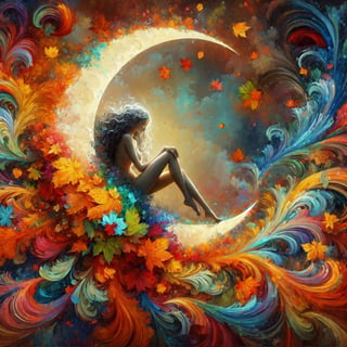 Moon Queen sitting on a crescent moon 8k resolution, swirling autumn leaves of multicolor paint splash, 8k resolution, realism impressionist anime art style, hyperrealism,