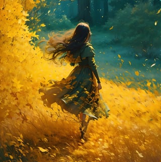 a girl walking through a field, blowing boiling swirling wind, plowing leaves of grass, in the style of ethereal trees, dark yellow and azure, majestic, sweeping seascapes, photorealistic representation, graceful balance, wimmelbilder, Andrew Wyeth,  orange --ar 72:101 --stylize 750 --v 6