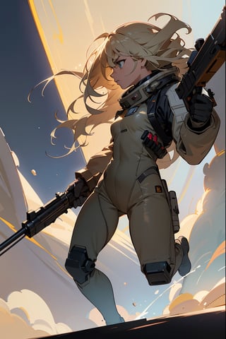 Angry sxy Blonde woman space ranger, dynamic running hunting, ultra dirty clothing, very dusty uniform and battle worn, full body shot head to foot, exploring a dry rocky almost barren ice planet, running 3/4 profile left, holding a long barrel multi-shot space hunting rifle, ultra blonde white hair, wavy hair, curly hair, sxy hair, large bressts, wearing ultra dusty worn-out clothing, convertible helmet visor down showing ultra beautiful mesmerizing face, she is wearing a dry dusting looking leather retro hunting outfit consisting of long brown overcoat leather space ranger form fitting body suit and small amounts of future clothing and space tech, action pose hunting, alien monsters lurk, 36k resolution ultra hyper detailed image, photo-realistic, dehaze, dark of night hunting a nocturnal elusive alien carnivorous animal., space gal, Explosive dust