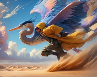 Man riding on the back of a blue heron, bird looks like blue heron, blue sky desert sands, long shot, man wearing long dusty yellow overcoat with hood and futuristic goggles, large vista, running, wind blowing, muted pastel multicolors feathers slightly curly, paint splatter, paint splatter, throwing up dust, sand dunes, running in desert sand, kicking up sand, dust, sand plumbs, fluffy white clouds tinged in pinks, oranges and violet, anime impressionist art style, 8k resolution,
