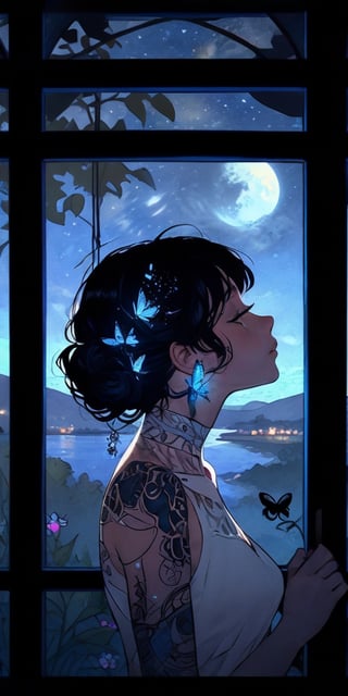 Looking out a  window, Magical butterfly Minimalistic neotraditional tattoo pen and ink illustration blending the styles of Gustav Klimt and Alphonse Mucha and Jean Giroud in an Akira Kurosawa film depicting an Astral traveler, incandescent, bold, vibrant, whimsical, unusual, eerie, weird, breathtaking surrealist style, fantastical, magical, unexpected, super detail, dreamy lo-fi photography, colorful, dreamy vibe, abstract art, cinematic, epic realism,8K, highly detailed. Created with dream ai,  A kitten bathed in moonlight looks at a glowing firefly butterfly, side view, he looks up, ((magic glowing magic smoke and fireflies surround him)) and tiny butterflies dance around him, in the window of a village house, a magical night, whimsical, dreamy, fabulous, perfect anatomy, perfect composition, ((golden ratio)) art MSchiffer, Gabriele Dell'otto, AI Midjourney model, 