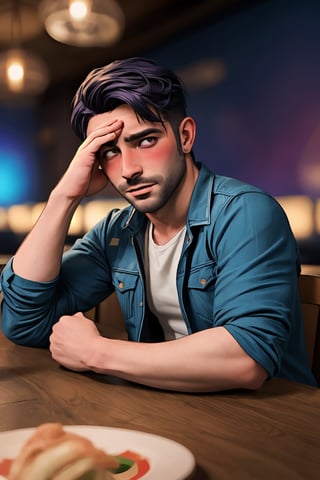 handsome masculine male person evil face while insanly drunk for fun at the table in the restaurant , DARK BLUE HAIR, STYLISH, (facialhair, blushes hard visibly drunk evil for fun:1.3), WEARING RENDERED FULLY-CLOTHED, impressive realistic, truly detailed,  extremely vibrant colorful matte rainbow tones, masterpiece, inspired by SHANE_\(STARDEW VALLEY realistic MOVIE\) MALE   ACTOR, depth of field, soft focus blurring the background, male focus , (SHANE SDV)