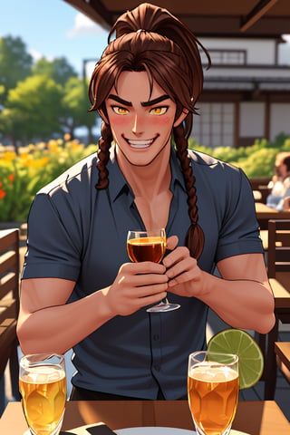 (professional 3d ANIME, cel-shading), perfectly-shaped highquality manly handsome masculine male person at the GARDENtable in the OUTDOORSrestaurant AT buzy street in japan,JEWELRY, PONYTAIL,  SYMMETRY, ACCURATE INTRICATE MALE HEAD AND FACE,     sushi, cheers, twin braids, YELLOW EYES, mean, evil, (  blushes hard EVILGRIN while drunk for fun:1.3), so cool!, WEARING RENDERED FULLY-CLOTHED MALEaladinWEAR, HE HIS HIM ONLY,  impressive realistic,  truly detailed,  extremely vibrant colorful matte tones, masterpiece, inspired by real professional happilydrunk (Zafir) MALE   ACTOR, depth of field, soft focus blurring the background, male focus ,  only realistic, real, epic,  ,Zafir,brown hair