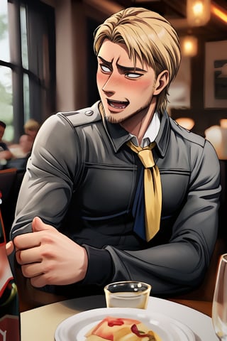 handsome masculine blonde male person evil face while insanly drunk for fun at the table in the restaurant , STYLISH, (blonde facialhair, blushes hard visibly drunk evil for fun:1.3), WEARING RENDERED FULLY-CLOTHED, impressive realistic, truly detailed,  extremely vibrant colorful matte rainbow tones, masterpiece, inspired by jean kirstein_\(attack on titan realistic MOVIE\) MALE   ACTOR, depth of field, soft focus blurring the background, male focus 
