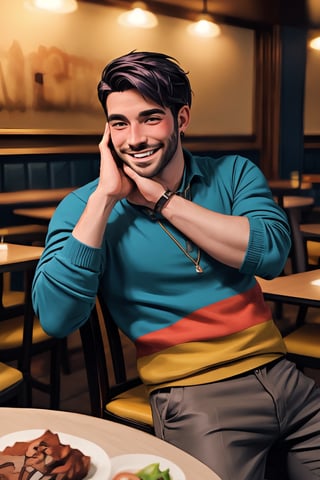 handsome masculine male person evil SMILING face while insanly drunk for fun at the table in the restaurant , DARK BLUE HAIR, STYLISH, (facialhair, blushes hard visibly drunk evil SMILING for fun:1.3), WEARING RENDERED FULLY-CLOTHED, impressive realistic, truly detailed,  extremely vibrant colorful matte rainbow tones, masterpiece, inspired by SHANE_\(STARDEW VALLEY realistic MOVIE\) MALE   ACTOR, depth of field, soft focus blurring the background, male focus , (SHANE SDV)